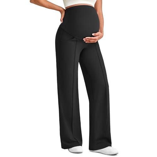 G4Free EverGoing Maternity Dress Pants Pregnancy Trousers Over the Belly | Front Seam,Two Side Pockets,Wide Leg,Sleek Soft,Slightly Brushed,Full Belly Coverage,for Work Casual Wear