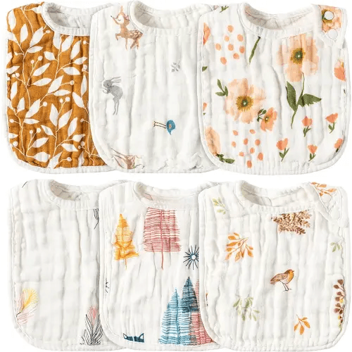 Zainpe 6Pcs Muslin Cotton Bibs for Baby Flower Bunny Deer Adjustable Machine Washable Neutral Burp Cloths with 6 Absorbent Soft Layers for Unisex Infant Newborn Toddler Drooling Feeding Teething