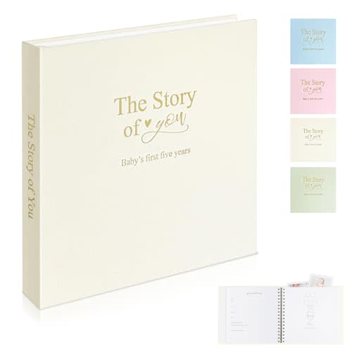 Timeless First 5 Years Keepsake Baby Memory Book for Boy or Girl, Luxury Linen Cover Acid Free Pages, Neutral Baby Journal Milestone Book or Scrapbook, Record the Story of You from Birth to Age 5