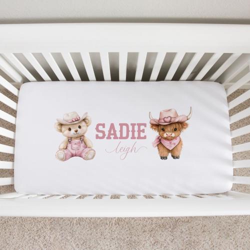 Cowgirl Crib Sheet, Personalized Highland Cow Crib Bedding, Western Nursery, Western Cowgirl Baby Shower