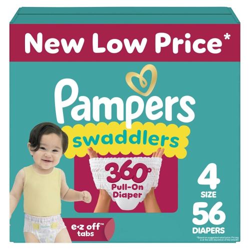 Pampers Diapers - Swaddlers 360° - Size 4, 56 Count, up to 100% Leakproof Comfy Dry Fit, Designed for Easy Changes, Pull On Baby Diaper (Packaging May Vary)