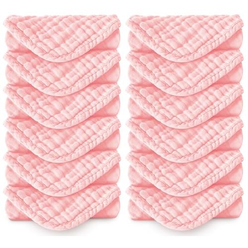 Spotted Play Muslin Burp Cloths 100% Cotton Large 20''x10'' Extra Soft and Absorbent Baby Wash Cloths Spit Up Rags - Baby Burping Cloth for Boys Girls Items(12 Pack Pink)