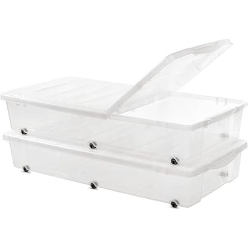 Citylife 2 Packs 57 QT Plastic Under Bed Storage Bins with Double-opening Lids Clear Underbed Storage Containers with Wheels for Organizing Shoes, Blankets, Clothes