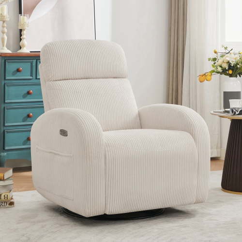 Aemeios Corduroy Swivel Rocker Glider Power Recliner Nursery Rocking Chair with USB and Type-C Ports, White