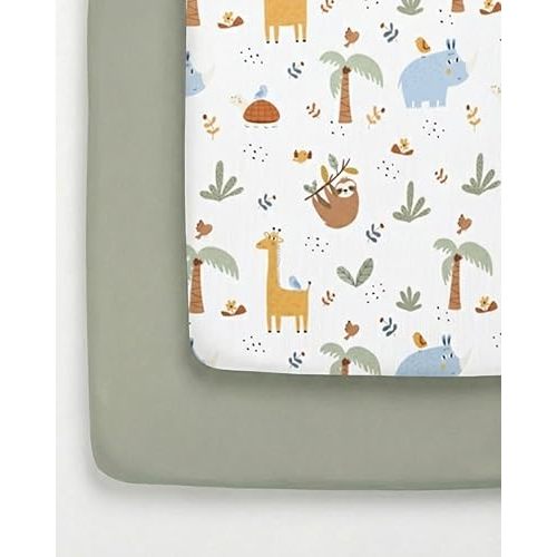 Pack and Play Sheets Fitted - 2 Pack Mini Crib Sheets for Pack N Play Mattress - Unisex Playard Bedding for Boys & Girls - Breathable & Wrinkle Free - Machine Washable - Oeko-Tex - 38 x 26in - Safari