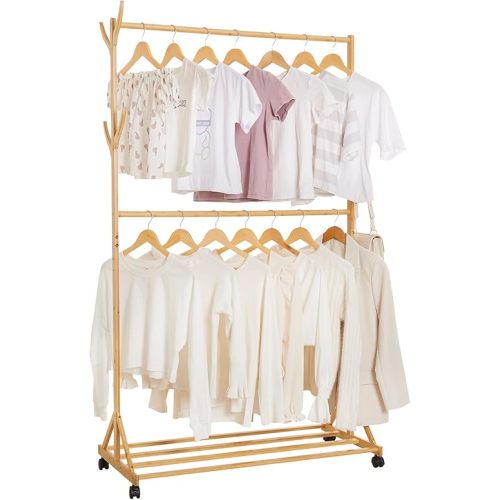 Double Rod Clothing Garment Rack with Wheels and Hooks,Rolling Organizer with Shelves,Portable Coat Racks for Hanging Jacket,Bag,Hat,Bamboo
