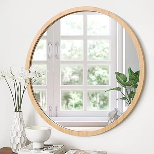 JJUUYOU Round Wall Mirror Circle Mirror with Wood Frame 24 Inch Vanty Mirror for Living Room Bedroom and Hallway Wall Mirror Decoration Bathroom Mirrors,Wood