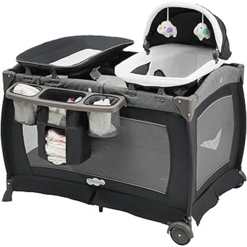 Pamo Babe Playard Portable Playard Foldable Playpen for Baby and Toddler Portable Crib Mattress Diaper Changer for Newborn (Grey)