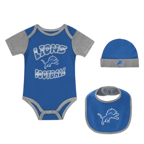 Newborn Detroit Lions Outerstuff Tag Team Bodysuit, Bib & Cuffed Knit Hat Set