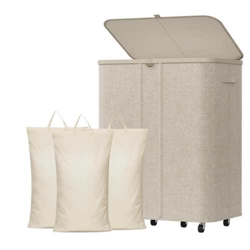 Lifewit 185L Plastic Laundry Basket with Lid, Large Clothes Hamper with Wheels and Removable Bag, Tall Collapsible Rolling Storage Bin for Dorm Bedroom Bathroom, 3 Sections, Beige
