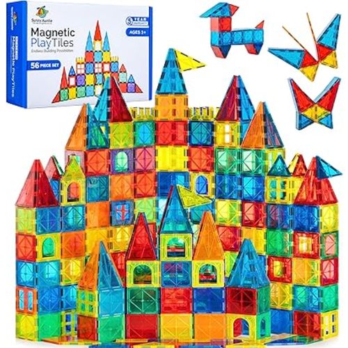 Magnetic Tiles 56 PCS, Magnetic Tiles for Kids & Toddlers Ages 3-8, Magnet Toy for 3 4 5 6 7 8 Year Old Boys Girls Kids & Toddlers, Magnet Blocks Building Set STEM Toy, Great Gift for Kids aged 3-8