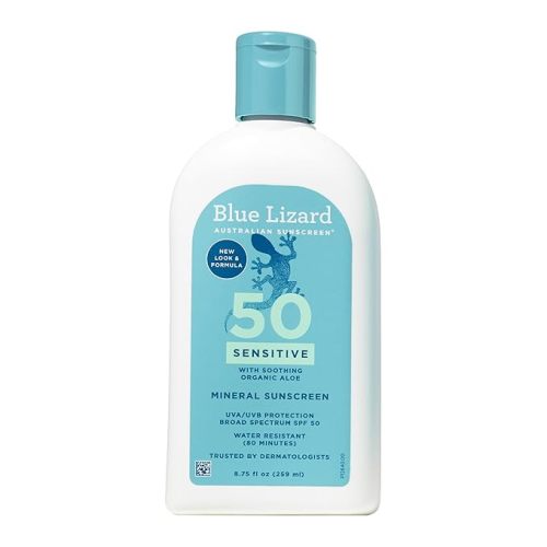 Blue Lizard SENSITIVE Mineral Sunscreen with Zinc Oxide, SPF 50+, Water Resistant, UVA/UVB Protection with Smart Bottle Technology - Fragrance Free, 8.75 oz.