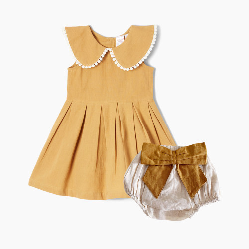 Sassy Minor Peter Pan Collar Dress & Diaper Cover with Bow Set - Camel, 6-9 Months