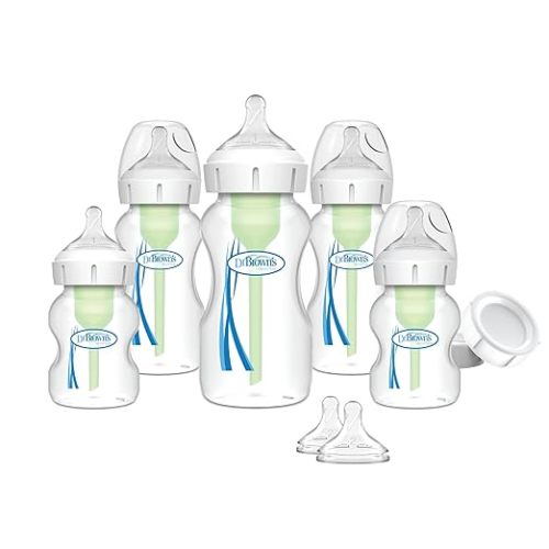 Dr. Brown's Anti-Colic Options+ Wide-Neck Baby Bottle Feeding Set, 5 oz/9 oz, with Bottle Travel Caps (Packaging May Vary)
