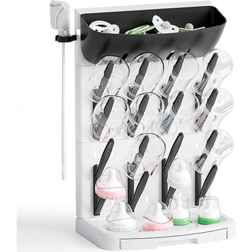 SuoXing Vertical Baby Bottle Drying Rack with Brush- Hold 16 Bottles - Large Breast Pump,Bottle Dryer Rack for Kitchen Countertop,Space Saving Bottle Stand Holder for Pacifiers,Pump Accessories,Black