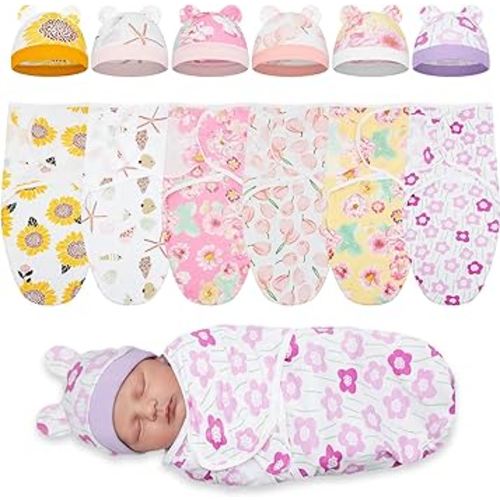 Ramede 6 Pack Preemie Swaddle Blanket with Hats Sleep Swaddle for Baby Boy Girl Preemie Newborn Sacks Soft Cotton Wearable (Flower,Colorful)