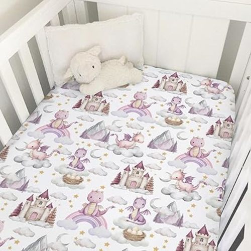Pink Baby Dragons Crib Sheets for Boy Girl Fairytale Dragon Castle Trees Moon Rainbow Soft Stretchy Fitted Crib Mattress Cover for 52''x28'' Standard Crib & Toddler Mattress Fantasy Animal Bed Sheet