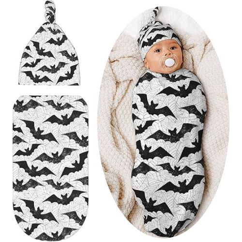 Black Bat Goth Baby Stuff Newborn Baby Swaddle Blanket Gothic Wrap Blanket Soft with Beanie Hat Sets Gifts for Infant Boys Girls