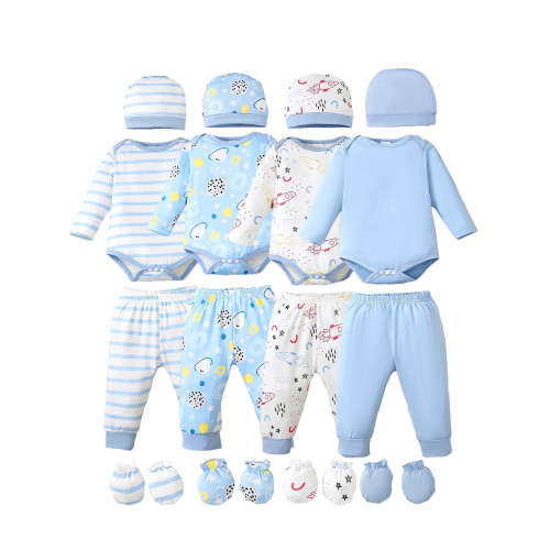KIMI BEAR Newborn Baby Boys layette set 0-3 Months Romper Pants Set Hat 4-Pack Outfits Long Sleeves Top Gloves 16pcs Winter Clothes Baby Shower Gifts Blue