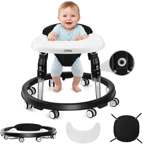 Baby Walker with Wheels, One-Touch Folding Baby Walkers with Height Adjustment, Large Dinner Plate and Brake, Walker for Baby Boy Girls 6-18 Months, Black