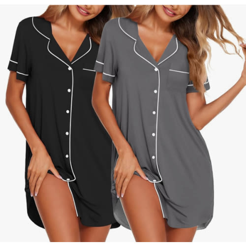 Ekouaer Nightgowns for Women 2 Pack Button Down Sleepwear Short Sleeve Sleepshirts Soft Nightshirts Boyfriend Pajama Dress