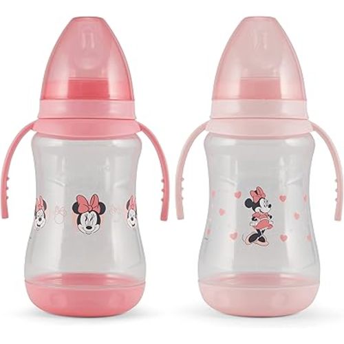 Disney 2 Pack 10 Ounce Baby Bottles with Character Prints and Colored Covers with Double Handle - BPA Free and Easy to Clean