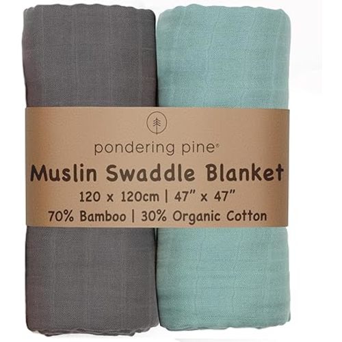 Organic Baby Muslin Swaddle Blankets - Solid Grey and Blue Swaddle Blanket 2 Pack - Soft Organic Cotton and Natural Bamboo Muslin, XLarge and Breathable, 47" X 47"