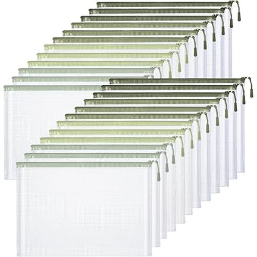 Feifeiya 24 Pack Sage Green Mesh Zipper Pouch Bags, A4 Size Clear Mesh Zipper Storage Bag Bulk for School Office Organization