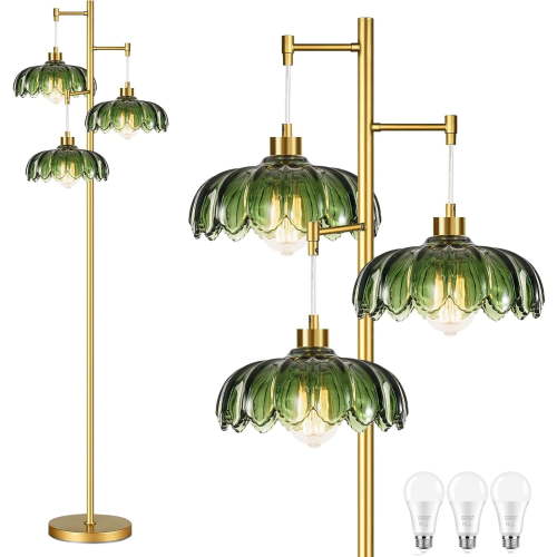 Glass Gold Floor Lamp for Living Room,Bedroom,Mid Century Modern Standing Lamp Brass Tree 3 Light Tall Floor Lamps Vintage Retro Floor Lights Green Flower Lamp Shade Farmhouse Bohemian