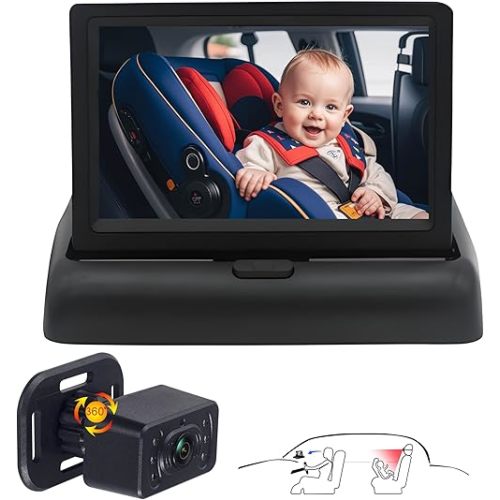 Baby Car Camera for Backseat-HD 720P 4.3 inch Monitor with Night Vision, 360° Rotation, 150° Wide View Angle. Protects Your Baby’s Eyes.Rear-Facing Backseat Camera for Kids, Infants, and Newborns KB45