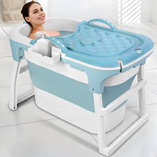 Portable Bathtub, 39 inch Portable Folding Bathtub for Adult, Portable Soaking Bath Tub with Ergonomic Seat & Massage Roller, Freestanding Surround Collapsible Tub for Hot Bath Ice Bath (Blue)