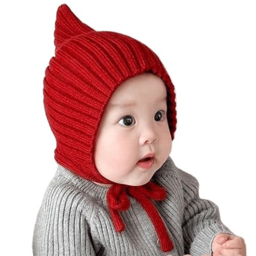 Toddler Knitted Earflap Beanie Hats Cute Red Crochet Skull Caps Lace-up Winter Warm Hat for 6-24M Infant