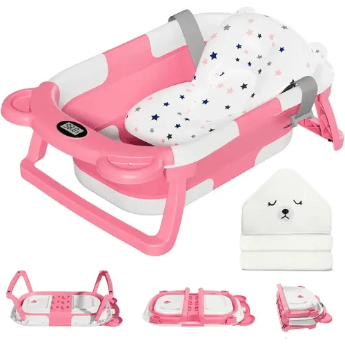 MoreFeel Collapsible Baby Bathtub for Newborn with Thermometer & 1 Hooded Towel & 1 Soft Floating Cushion,Portable Travel Bathtub with Drain Hole, Durable Foldable Baby Tubs for Infants to Toddler