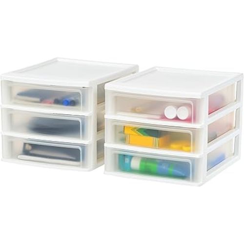 IRIS USA Plastic Stacking Desk Top 3-Drawer Storage Organizer, 2-Pack, for Makeup Vanity Nail Polish Bathroom Stationery Art Craft Supplies Kitchen Office Garage and Small Organization, Medium, White