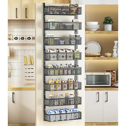8-Tier Over The Door Pantry Organizer with Mesh Baskets, Adjustable & Stable Hanging Spice Rack for Kitchen, Bathroom, Bedroom, and Baby Essentials Storage (16" W 8-Tiers, Black)