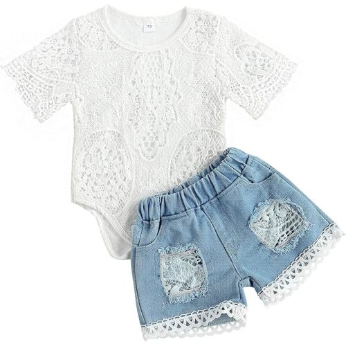 Baby Girl Clothes Toddler Infant Embroidered Lace Romper Top+ Jeans Denim Pant 2pcs Outfit Set