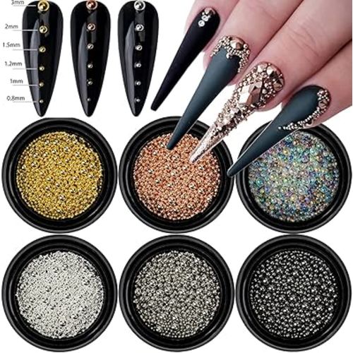 HNUIX Nail Beads - Mixed Size, 6 Colors, Round, Metal Steel Beads Nail Charms, Caviar Beads Nail Accessories for Acrylic Nails, Manicure DIY Crafts Decorations