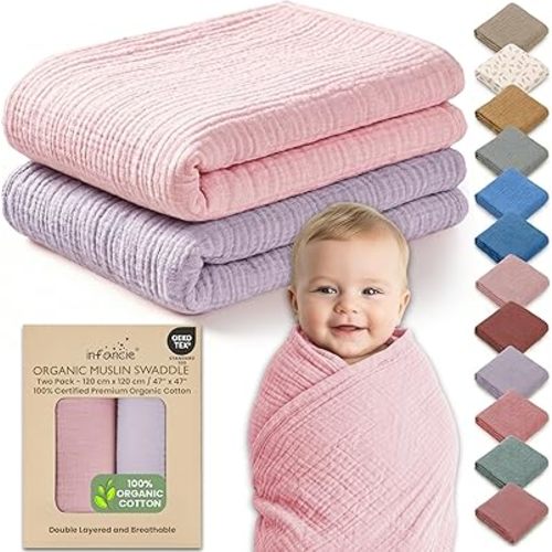 100% Organic Cotton Muslin Baby Blanket - 47 x 47 Inch Breathable Baby Swaddle Blanket, Hypoallergenic Double-Layer, Soft Newborn Baby Blanket for Everyday Use (Light Pink/Light Purple)