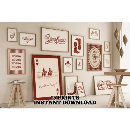 Burgundy Western Wall Art Prints: Cowboy Boots, Cactus, Horseshoe (Digital Download Set of 15)
