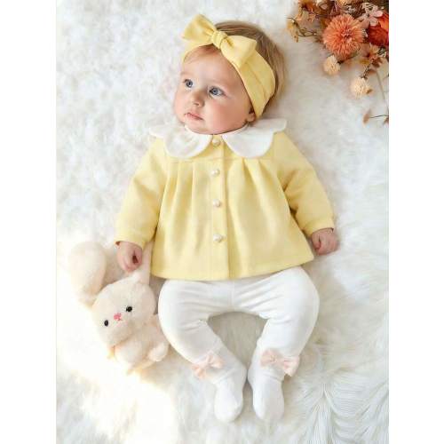SHEIN 2pcs Baby Girls Woolen Coat & Leggings Set, New Arrival Baby Toddler Peter Pan Collar Autumn/Winter Outfit Baby Set Autumn Winter Season New Born Baby Girl Baby Girl Clothes Stand Collar Baby Yellow Outfit Lemon Shirt For Baby Girl | SHEIN