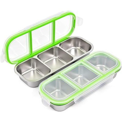 UPTRUST Reusable Snack Containers with Lids, 2pcs Stainless Steel 3-Compartment Snack Box, Divided and Leak-Proof Design for Take-Out Condiments and On-the-Go Snacks