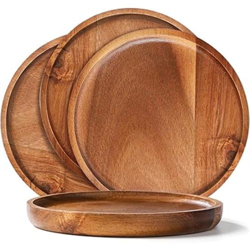 Wooden Acacia Plates of 4, 6Inch Round Wood Plates Acacia Wooden charcuterie boards Serving Tray for Dishes Snack Dessert