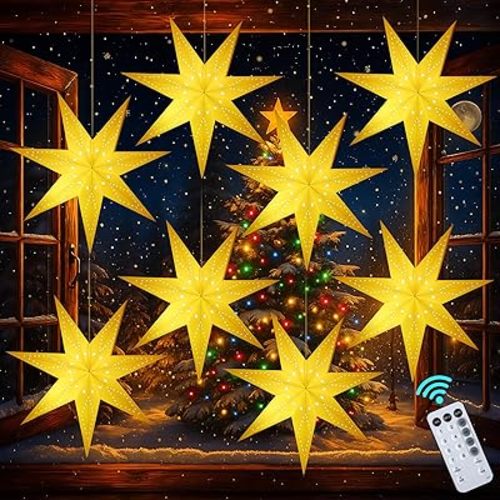 Hiboom 8 Pack Paper Star Lantern 24 Inch, 8 Mode 50 LEDs Firework Fairy String Lights, Seven Pointed Light up Hollow Out Star Hanging Decoration for Indoor Outdoor Room Wedding Christmas Party