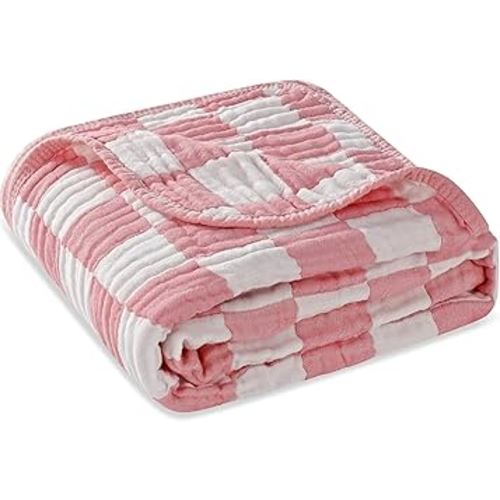 Ultra-Soft Muslin Baby Blanket - Swaddle & Crib for Girls, Pink Checkered (1-Pack)