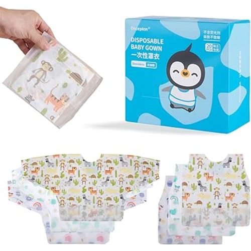 Disposable Baby Gown,10 Pcs Bib Shirt, Individual Pack, 31.5’’ x 15.35’’ Long Sleeve Bib, Baby Eating Smock (Blue Dairy Cow, Long Sleeve Style)