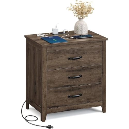 VASAGLE 23.6‑Inch Farmhouse Nightstand with Charging Station, 3 Drawers