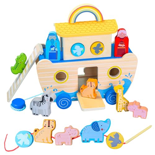 Noahs Ark Toy, Baptism Gifts for Boys with Animal Shape Sorter, Wooden Montessori Toys for Toddlers, Bible Toys for 1 2 3 4 Years Old Baby Girl and Boy