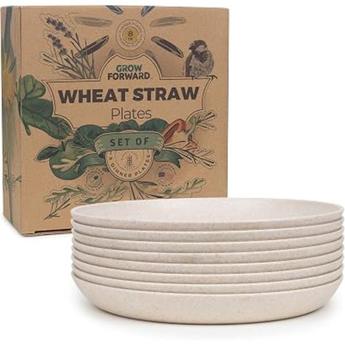 Grow Forward Premium Wheat Straw Plates - 8 Inch Reusable Hard Plastic Dinner Plates Set of 8 - Unbreakable Microwave Safe Plates for Dessert, Camping, RV, Outdoors, Patio, Kitchen Dishes - Sahara