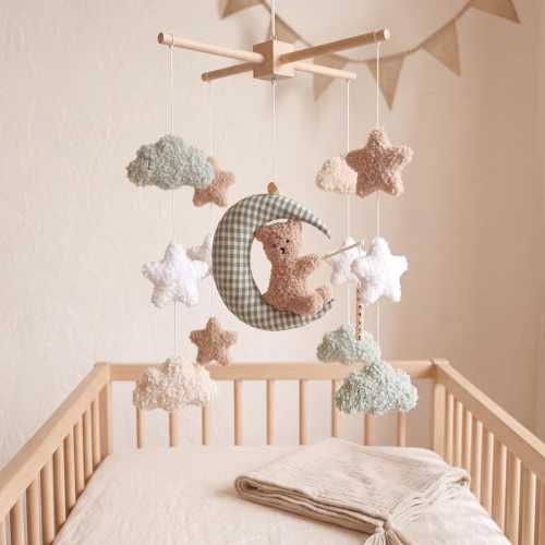 Personalized Bear Moon Baby Mobile, Boucle Gingham Crib Mobile Sage Clouds Stars, Neutral Nursery Decor, Baby Shower Gift, Newborn Present