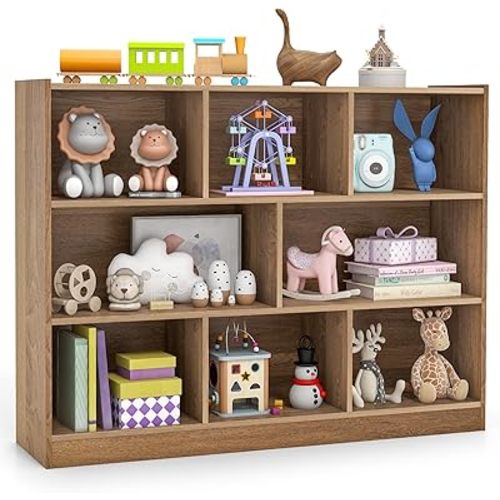 KOTEK Kids Bookshelf, 8 Cubby Toy Storage Organizer, Wooden 4-Tier Bookcase Storage Cabinet, Open Display Book Shelf for Daycary, Nursery, Playroom, School Classroom & Living Room (Natural, 8 Cubes)